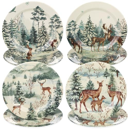 Gandeer 8 Pcs Christmas Melamine Salad Plates Winter Melamine Dessert Plates Assorted Designs Christmas Dishes Dinnerware Set for Xmas Birthday Party Gift Appetizer (10 Inch,Elk)