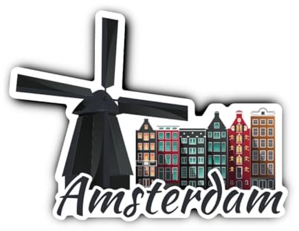 Aufkleber: 200 mm, 1 Stück - Vinyl Aufkleber Amsterdam Windmühle Grachtenhäuser Niederlande Souvenir konturgeschnitten Reise Deko 200 mm 20 cm