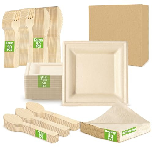 Eco-Friendly MZL Bamboo 250 Pezzi Set Di Tovaglioli, Piatti E Posate Compostabili E Infrangibili – 50 Tovaglioli 40 Cm, 50 Piatti 6 Pollici Quadrati, Per Picnic E Pasti All'Aperto