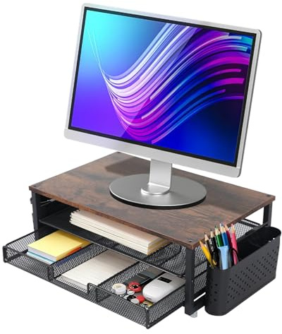 Monitorständer mit Schublade und 2 Stifthaltern, Schreibtisch-Organizer 40 × 25.5 × 15.5 cm Bildschirmerhöhung Holzplatte & Metallgestell Monitor Erhöhung mit Ablagefach für Laptop PC Ständer Drucker