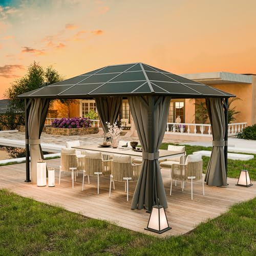UDPATIO Carpa de policarbonato de 3 x 4 m con Cortinas, de Metall, Impermeable, Estable, Resistente al Invierno, protección UV, 6 x 6 cm, Postes Fuertes para jardín, terraza Gris
