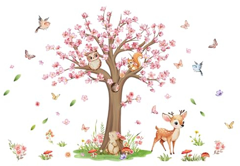 Stickers Muraux Fleurs de Cerisier Rose Arbre Grand, Stickers Animaux des Bois Cerf écureuil Lapin Oiseaux pour Chambre Enfants Bébé Pépinière, Autocollants Décoration Murale Salon Chambre Mur TV