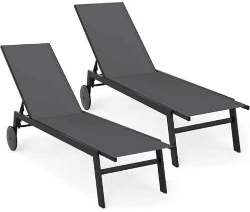 COSTWAY 2er Set Sonnenliege mit Rollen, Gartenliege mit Verstellbarer Rückenlehne und schnelltrocknendem Stoff, Rollliege bis 150kg belastbar, Liegestuhl für Garten, Balkon, Terrasse (Grau)