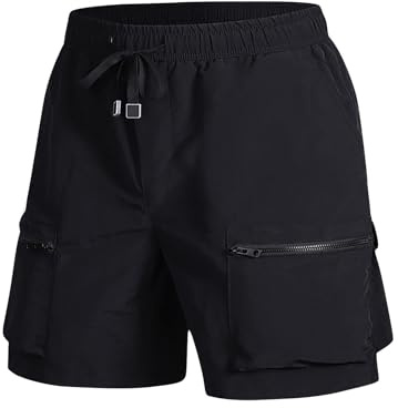 Mens Cargo Shorts with Multiple Zip Pockets Solid Color Drawstring Utility Shorts Functional Work Shorts for Outdoor Tasks Walking and Practical Summer Everyday Wear