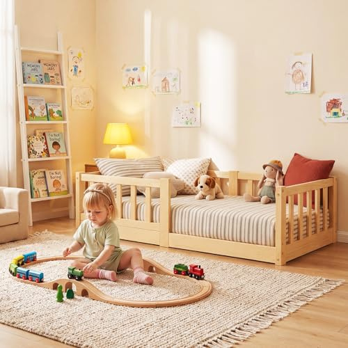 Meulbaty 70 x 140 cm Bodenbett – Niedriges Montessori-Bett mit verstellbaren Sicherheitsgittern, Lattenrost-Kleinkindbett für Mädchen und Jungen, Weiß