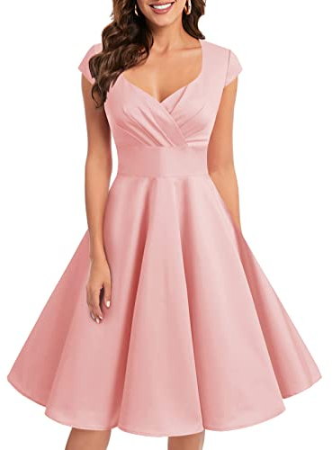 bbonlinedress 1950er Vintage Retro Cocktailkleid Rockabilly V-Ausschnitt Faltenrock Blush L