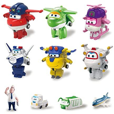 Super Wings - Set Tranform-a-bots x6 + Figuren aus PVC x4 – Verwandelbare Spielflugzeuge und Roboterfiguren aus der Zeichentrickserie Super Wings – Spielzeug für Kinder ab 3 Jahren