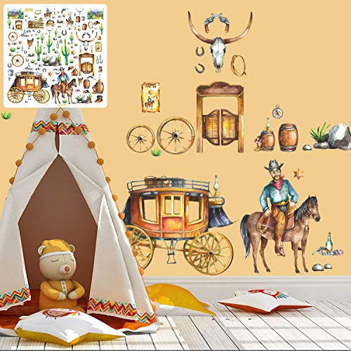 Wandtattoo Wandaufkleber Cowboy Western Wilden Westen Bunt Vinyl | Format 300 x 200 cm selbstklebende Vinylfolie für Kinderzimmer Babyzimmer konturgeschnitten leicht anzubringen
