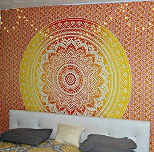 XCSLH Tapestry Wall Hanging,Psychedelic Orange Gelb Mandala Muster Wandbehang Wandteppich Großen Strand Werfen Teppich Hippie Home Decor Mandala Wandteppich Decke, 180X230Cm