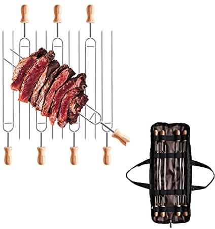 CAMPINGMOON 8pcs set 13.8-inch Long Stainless Steel Double Prong BBQ Skewers with Wood Handle and storage bag MK-8