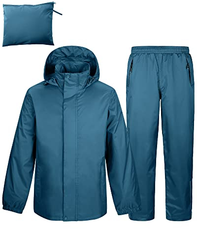 Herren Regenanzug Reflektierender Wasserdichter Anzug Outdoor Regenmantel Packbare Winddichte Regenjacke+Regenhose Atmungsaktive für Fischen Wandern Camping Blau L