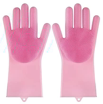 HUAYINGMEI Gants à récurer en silicone, gants éponge de nettoyage avec brosse pour le lavage de la vaisselle, la salle de bain, la cuisine, la voiture et le toilettage des animaux de compagnie (Rose)
