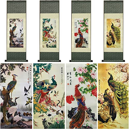 AtfArt Scroll Painting aus Seide, asiatische Wandkunst, Vogel, 91,9 x 30,5 | Orientalische Dekoration, Wandbehang für Zuhause und Büro