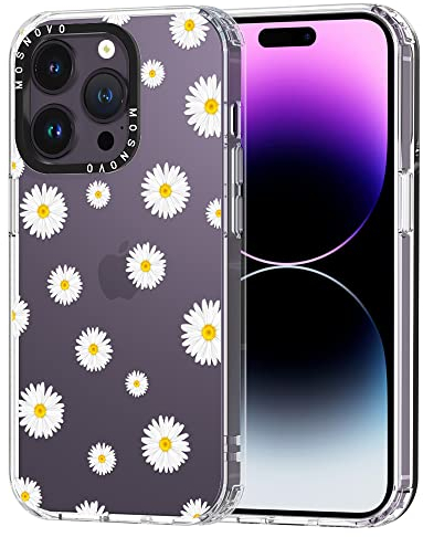 MOSNOVO Case for iPhone 14 Pro, [Buffertech 6.6ft Military-Grade Drop Protection] [Anti Peel Off Tech] Clear TPU Bumper Phone Case Cover Design - White Daisy