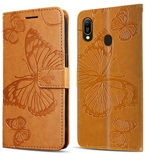 DENDICO Cover per Huawei Y6 2019 / Honor 8A, Portafoglio Custodia in PU Pelle per Huawei Y6 2019 / Honor 8A, Antiurto Cover a Libro con Slot per Carte, Giallo