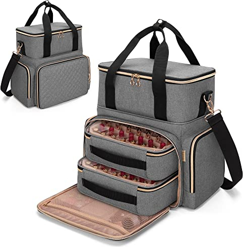 Luxja Nail Polish Organiser Holds 70 Bottles and a Lamp, Case with 2 Removable Bags and Tools Storage Pockets (Patent Pending), Grey