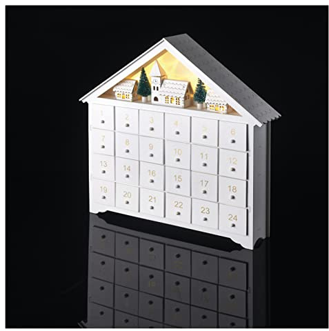 EMOS Leuchtender Adventkalender aus Holz, mit Minikästchen und Winterdorf, 8 LEDs warmweisses Licht, Weihnachtsdekoration, IP20 für Innen, 10000h Lebensdauer, 6/18h Timer, 0,4 Watt, 33x35 cm