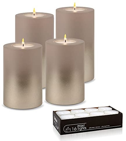 Qult Farluce Trend - Teelichthalter in Kerzenform • LEVI • Christmas Collection • Adventskerzen • Weihnachtskerzen • Kerze (4er Set - 2 x Ø 10/ h 15 cm + 2 x Ø 10 / h 18 cm, Levi Taupe/Cream Gold)
