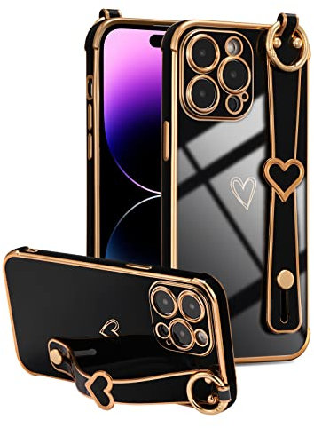ZTOFERA Compatible with iPhone 13 Pro Case with Wrist Strap, Flexible Silicone Protective Phone Case with Cute Heart Pattern Stand Handle Finger Holder Gold Trim Shockproof Bumper Cover, Black