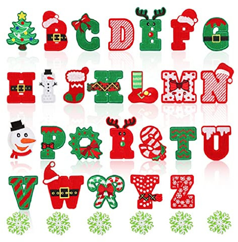 Yalulu 32Pcs A-Z Alphabet Patches, Christmas Letters Iron on Patch Stickers Xmas Decorative Craft Patches Sewing Applique for Clothes Jackets Hats Backpacks Jeans