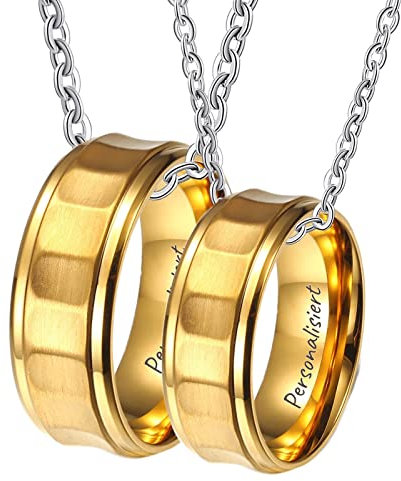 AMDXD Partner Halsketten für Sie und Ihn 2pcs Edelstahl, Partner Kette Personalisiert Gold Geometrisch Gebürstet mit Ring Anhänger für Damen Herren, Kettelänge 60cm 50cm, Breite 8MM