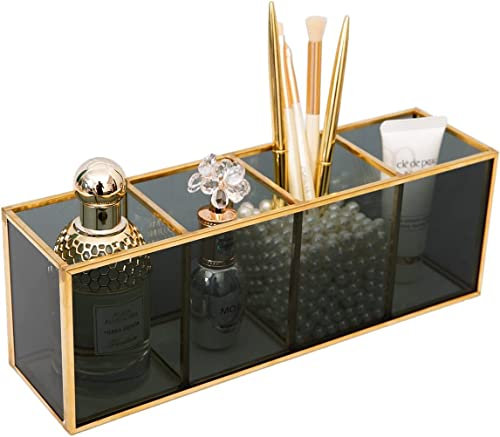 APBEAM Vintage Makeup Brush Holder -Gold Makeup Brush Organizer -Cosmetics Organiser Gold - Glass & Metal Makeup Organizer -Makeup Brush Pot -Cosmetic Display Cases -18x7x9 cm