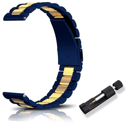 RoYiio Edelstahl-Ersatzarmband für Anstoßbreite 22mm Armband mit Schnellverschluss, Schön Poliert, Edelstahl-Metallband für Damen und Herren - Blau Gold