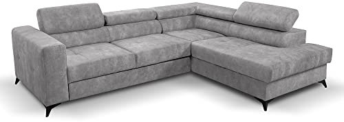 Margaret Hadas24 Ecksofa L Form Palermo, Schlaffunktion, Bettkasten, 267x205cm, Verstellbare Kopfstützen Couch, 4 Sitzer Schlafsofa Schlafcouch Bettsofa Wohnlanschaft Bettzeugablage, hellgrau, rechts