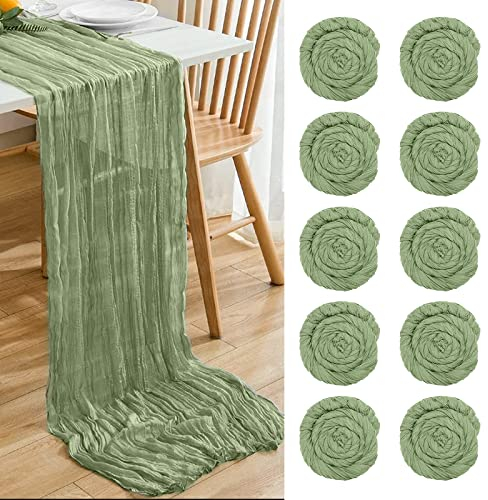 YCCOKJJ 10 PCS Käsetuch Tischläufer Eukalyptus Grün Tischläufer Grün, Tischläufer Geburtstag, Semi-transparente Gaze Tuch Tischdecke Boho Tabelle Abdeckung Dekorationen für Party/Hochzeit(90*400cm)