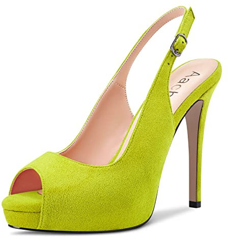 Aachcol Mujer Pumps Redonda Abierta Punta Slingback Aguja Alto High Heel Dress Zapatos Sandalias Oficina Fiesta de Boda Ante Verde Lima 12 CM 37 EU