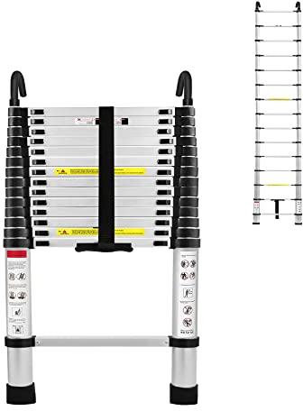 Froadp 4.4m Teleskopleiter Leiter Ausziehbar Aluminium Mehrzweckleiter Ausziehleiter mit 2 Abnehmbarem Haken Klappleiter Stehleiter Rutschfester Aluleiter für Dachboden Baujob Belastbarkeit 150KG