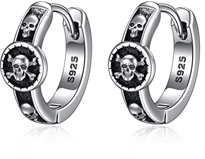 POPLYKE Schwarz Schädel Ohrringe für Damen Sterling Silber Schädel Reifen Ohrringe für Männer Gothic Schmuck Geschenke Geburtstag