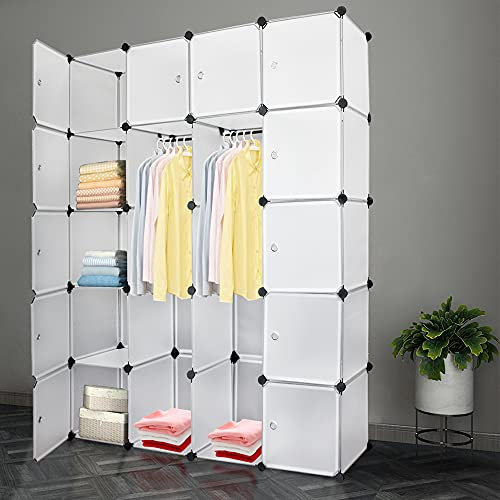 Izrielar Regalsystem Kleiderschrank 20 Würfel, DIY Modulares Kleiderschranksystem mit Türen, Platzsparendes, Erweiterbares Schrankregalsystem, 180 x 142 x 37 cm, Weiß