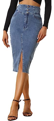 Allegra K Damen Hoher Taille Knielang Jeansrock Lässig Schlitz Jeans-Bleistiftröcke Blau XL