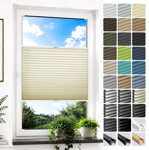 Rollmayer Plissee mit Bohren Binco Creme B90cm x H100cm | Faltrollo zum Anschrauben für Fenster und Tür Sichtschutz & Sonnenschutz Lichtdurchlässiges Plisseerollo