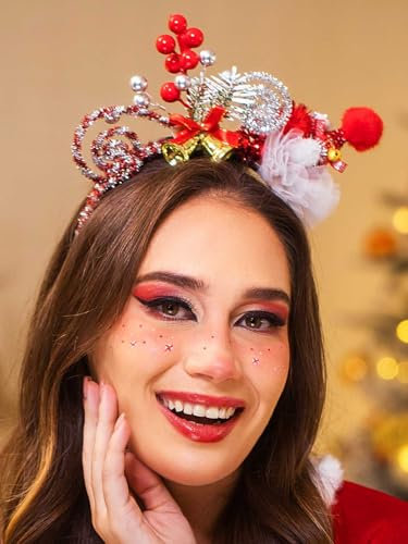 IYOU Weihnachts Mütze Stirnband Rot Glocke Beeren Haarbänder Festspiele Weihnachten Haarschmuck für Frauen und Mädchen