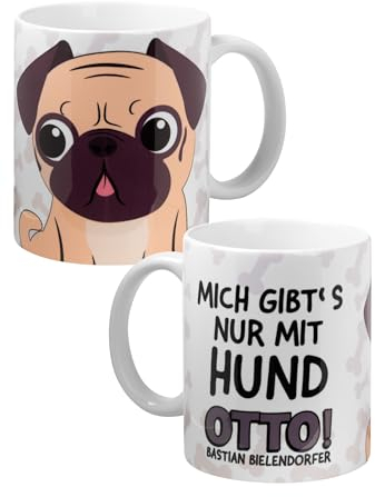 Bastian Bielendorfer Tasse - Mops Otto! Mich gibt´s nur mit Hund Kaffeetasse Becher Kaffeebecher aus Keramik 320 ml