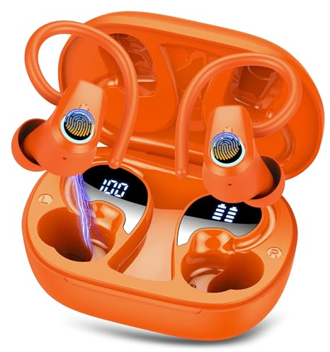Wireless Earbuds, Bluetooth 5.3 Headphones with 4 ENC Noise Canceling Mic, 50H Stereo Dual LED Display Ear Buds, Sport Wireless Earphones with Earhooks, IP7 Waterproof Wireless Headphones Gym, Orange