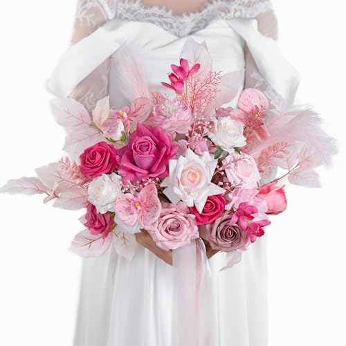 BENCENTRE 35,6 cm Hot Pink Hochzeitsstrauß Stoff Rose Mix Künstliche Blumen Brautstrauß für Hochzeitszeremonie Jahrestag Party und Französisch Rustikale Vintage Hochzeit
