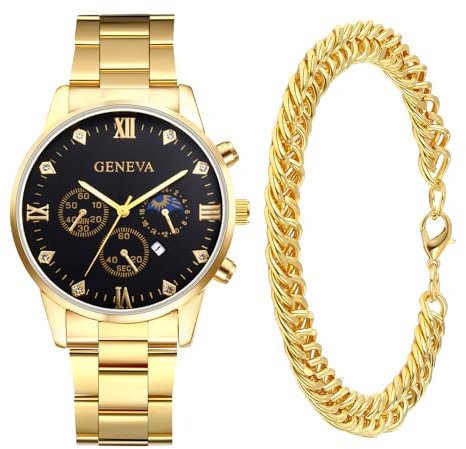 JewelryWe Herrenuhr Armband Set Edelstahl: 2pcs Uhr Armkette Schmuckset für Herren Männer Analog Quarz Armbanduhr mit Kalender Leuchtzeiger Edelstahl Panzerkette Armreif Gold Geschenk