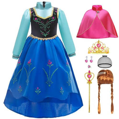 ZaisuiFun Mädchen Prinzessin Anna Kostüm Kleid mit Mantel und Zubehör Perücke für Karneval Geburtstag Party, 134-140(Etikett 140)