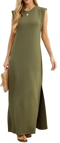 GRECERELLE Womens Summer Maxi Dress Casual Shirt Dresses Elegant Styles Basic Sleeveless Maxi Dresses for Women UK with Split and Pockets (Army Green, L)