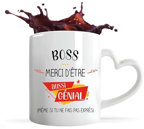 Planetee Tasse anse Coeur Boss sans faire exprès | Mug avec anse en forme de Coeur | Idée Cadeau Humour Collègue Travail Famille Anniversaire Noël