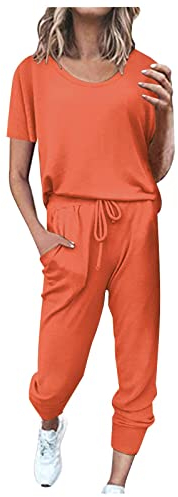 EMATOP Sportanzug Damen Sommer Kurzarm Tracksuit Casual Baumwolle Trainingsanzug 2 Teilig Einfarbig Jogginganzug Lose T-Shirt Top und Hose Freizeitanzug mit Taschen Sportswear für Running Yoga
