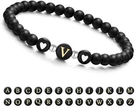 Armband Damen mit Buchstaben und Herz - Partnerarmbänder Freundschaftsarmband mit 6mm Naturstein Perlen Personalisierte Geschenke Armband Paare Mädchen bff Schwesterherz Mutter und Tochter (Schwarz-V)