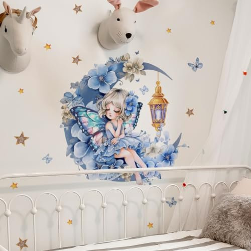 HGDESIGN® Wandtattoo Wandaufkleber Fee Elfe Mond Schloss Mädchen Blumen Wandsticker Wandbild Kinderzimmer Babyzimmer Schlafzimmer Kind Baby Mädchen Wanddeko (A)