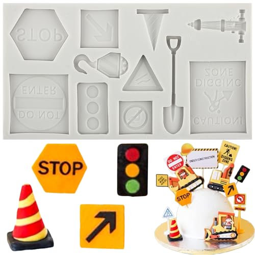MINFEIDMS Bagger-Fondant-Formen, Baustelle, Silikonform, Gabelstapler, Bauschild, Süßigkeitenformen für Kuchendekoration, Cupcake-Topper, Süßigkeiten, Polymerton, Schokolade, Gummipaste
