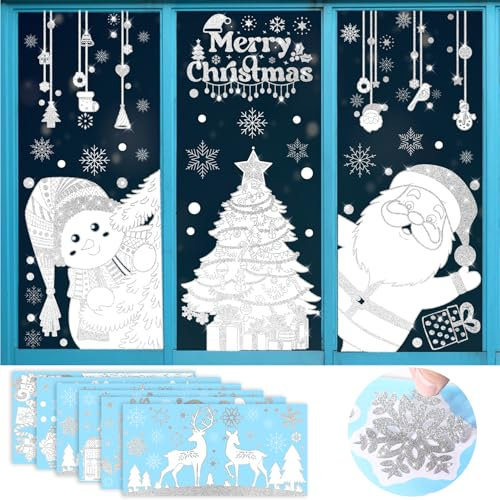 SINSOM Decoracion Navidad - Grandes Pegatinas Navidad Blancas,Espumoso Vinilos Navidad con Purpurina,Pegatinas Navideñas Ventanas Cristal,Stickers Navidad Autoadhesivas,Adornos Navideños Reutilizables