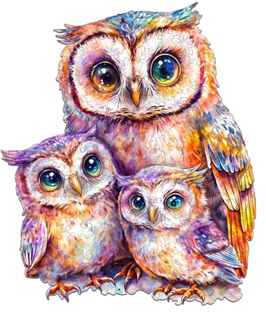 Holzpuzzle Erwachsene, 225 Teile Süße Eulen Familie Holz Puzzle Erwachsene, 34x28.6cm Wood Puzzles, Unregelmäßige Einzigartige Puzzle, Holzpuzzle Tierform, Holz Puzzles Mit Box Aus Holz