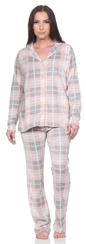 Normann Damen Fleece Schlafanzug lang in edler Karo-Optik zum durchknöpfen